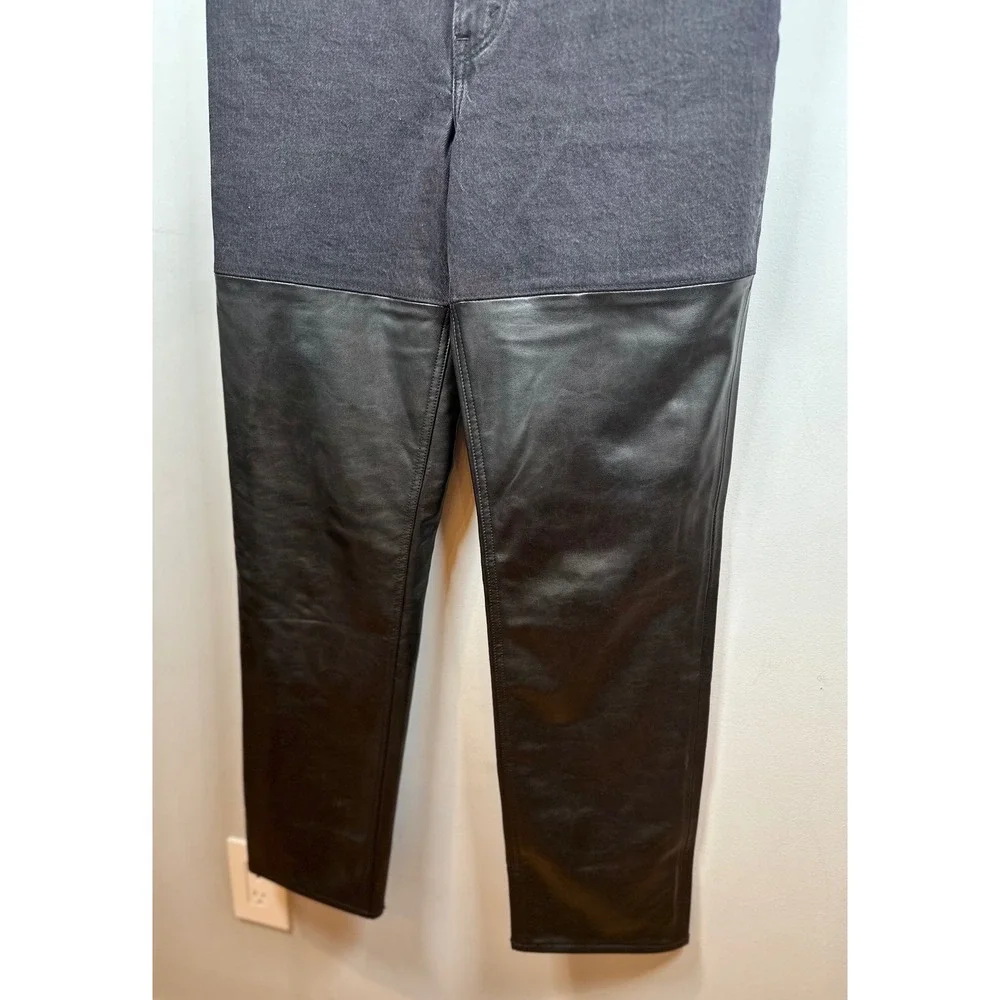 Abercrombie Fitch 90s Straight Ultra High Rise Black Denim Leather Panel Pants - Picture 5 of 6